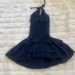 Cotton Collection Denim Ruffle Halter Dress (S)
